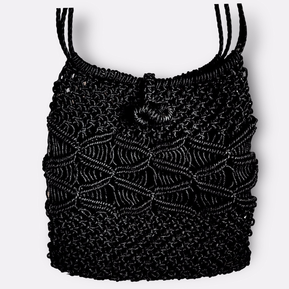 Vintage 1960's Black Thick Large Macrame Shoulder Bag Purse - Picture 2 of 5